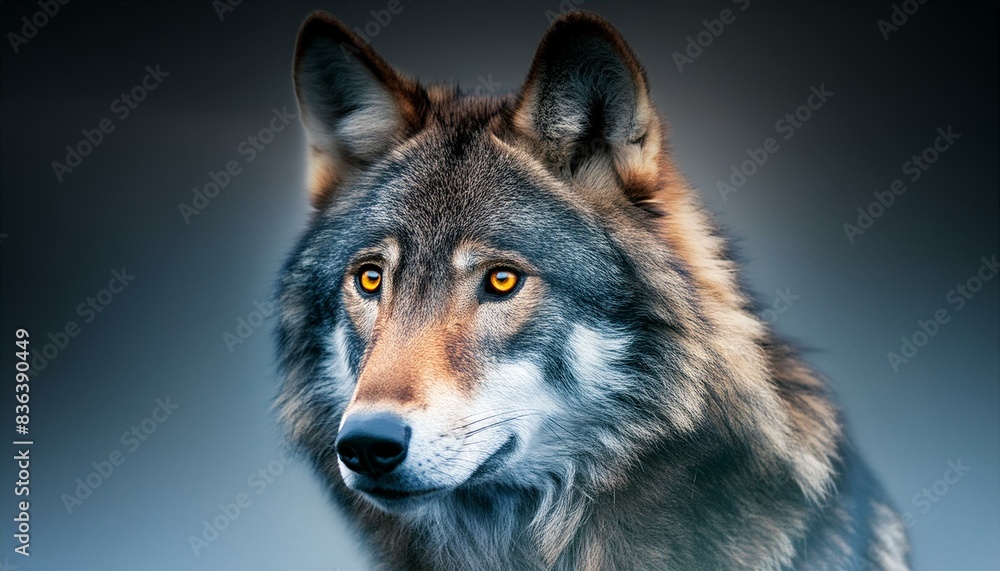 Fototapeta premium a portrait of a wolf that captures the essence of the animal's majesty. The fur is detailed and realistic, and the background is a smooth gradient. The artist has done a great job of capturing the wo