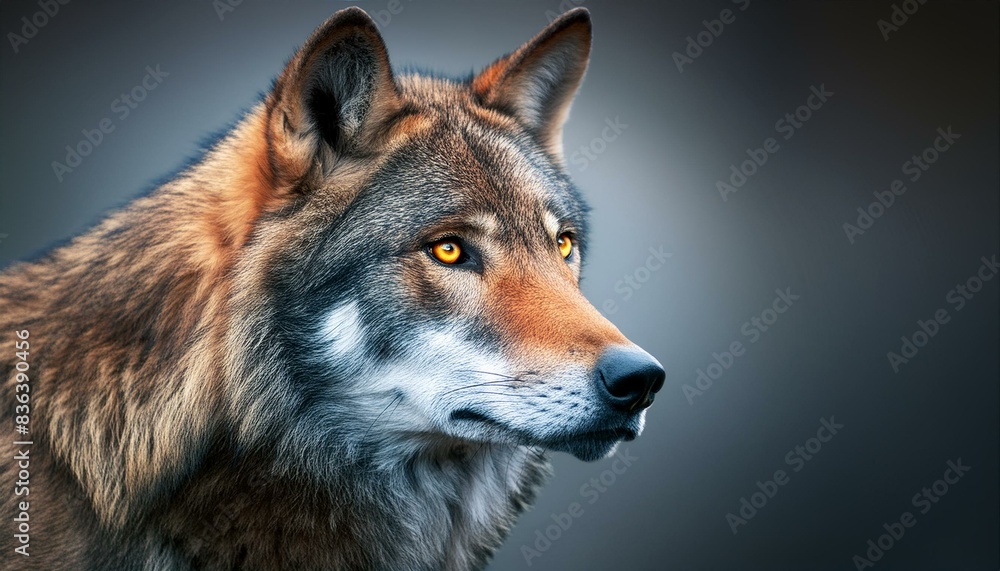 Obraz premium a portrait of a wolf that captures the essence of the animal's majesty. The fur is detailed and realistic, and the background is a smooth gradient. The artist has done a great job of capturing the wo