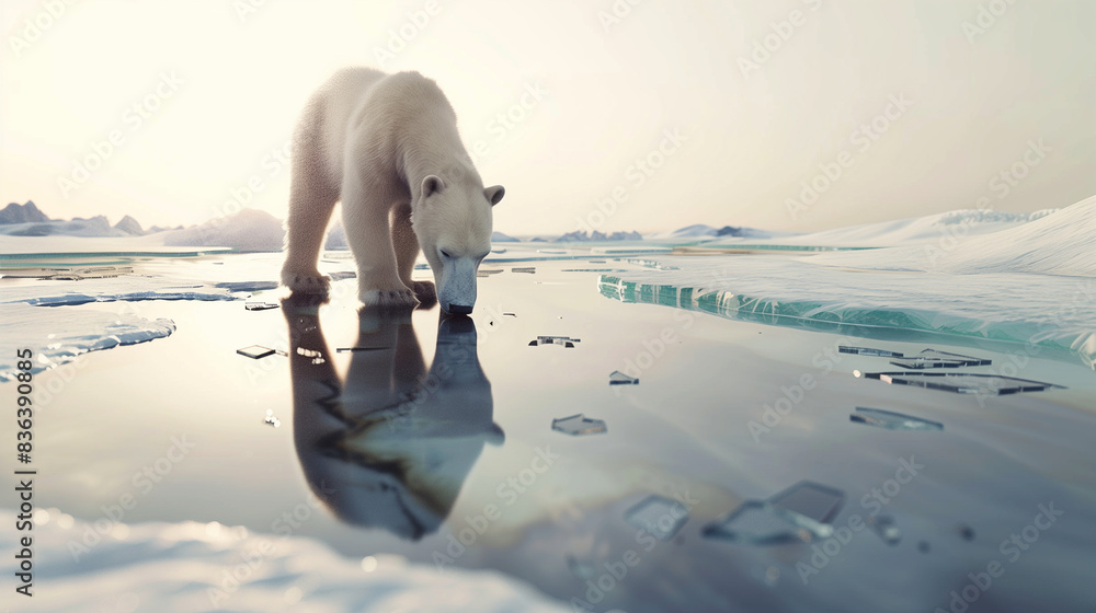 Polar Bear Drinking from Icy Pond Polar Bear Drinking from Icy Pond