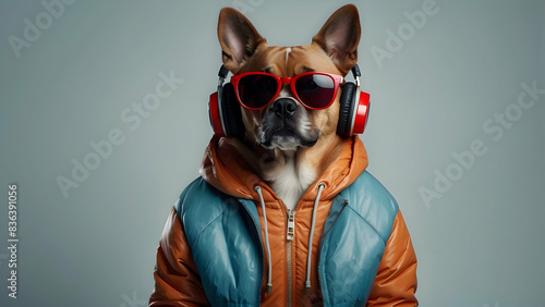 Dog head human body wearing headphones photo