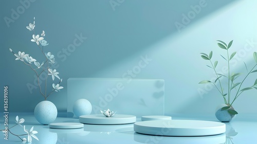 A beautiful blue background for presentations with a podium and masonry round stones in a soothing color scheme. AI generated.