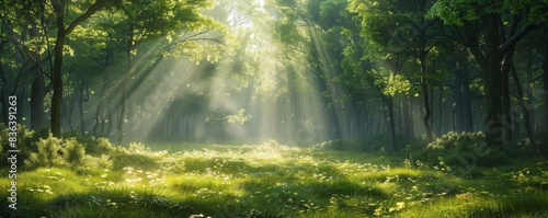A Serene Sunlit Forest Clearing with Abundant Lush Greenery and Trees