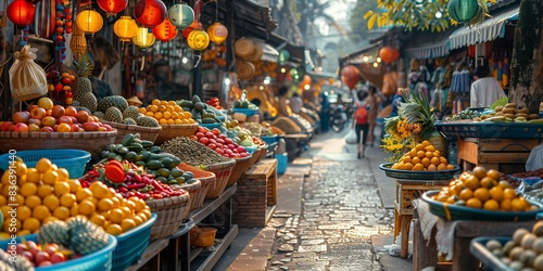 Colorful Market Atmosphere in Thailand, generative ai © Matus