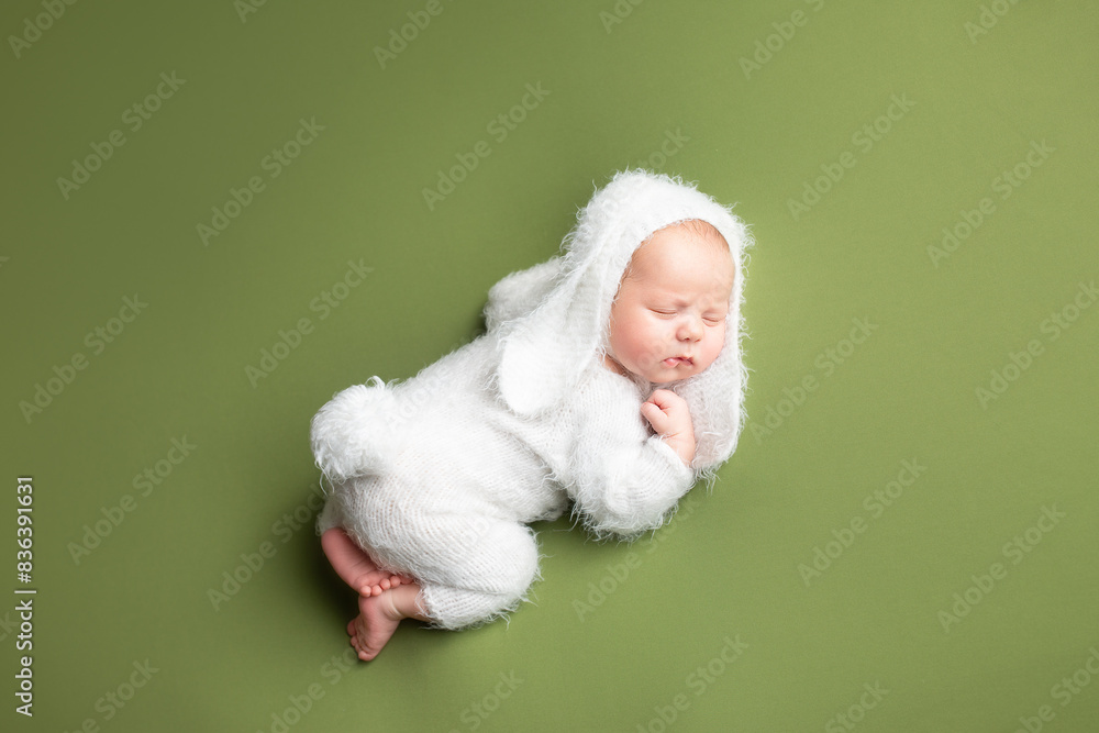 child in a white bunny costume on a green background child in a white bunny costume on a green background