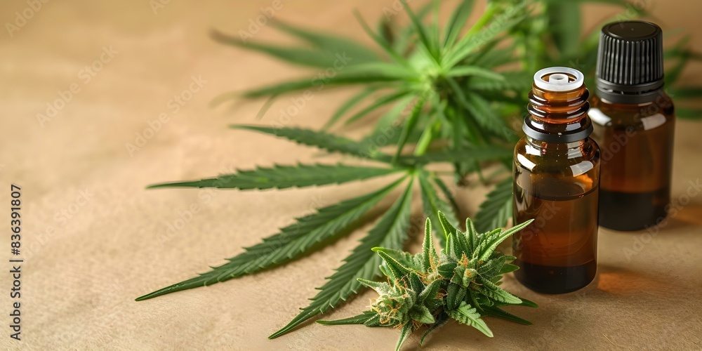 Marijuana leaf next to essential oil bottle on brown background. Concept Product Photography, Health and Wellness, Cannabis Industry, Herbal Medicine, Alternative Remedies Marijuana leaf next to essential oil bottle on brown background. Concept Product Photography, Health and Wellness, Cannabis Industry, Herbal Medicine, Alternative Remedies