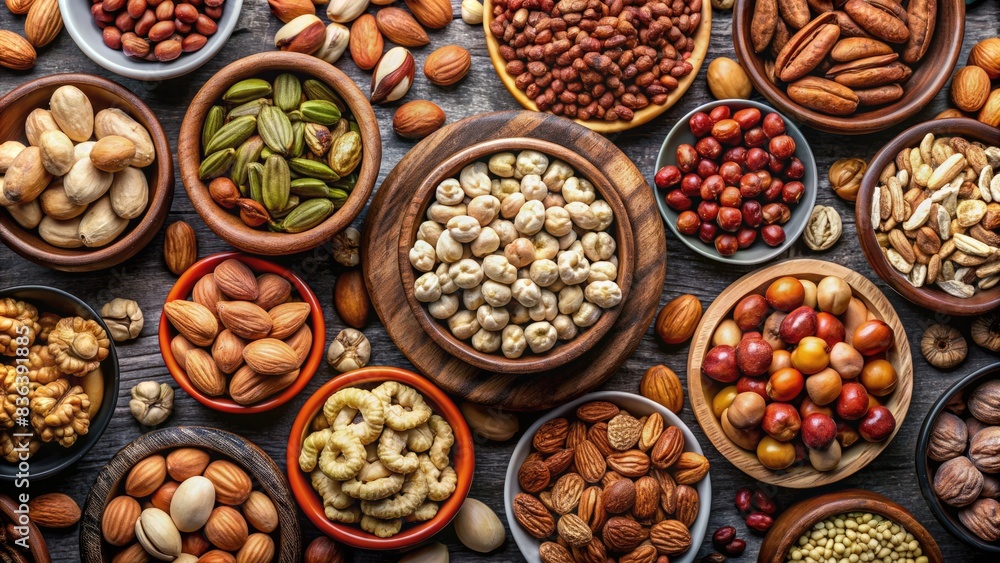 Assorted nuts in wooden bowls. Assorted nuts in wooden bowls.