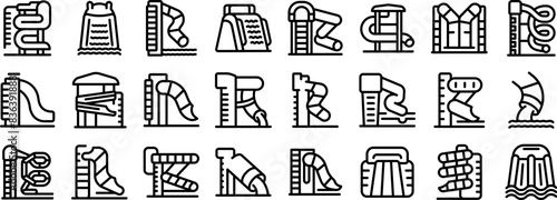 Water slide icons outline set vector. A series of black and white images of slides and other water play equipment. The images are arranged in a grid, with each slide labeled with a letter. Scene is