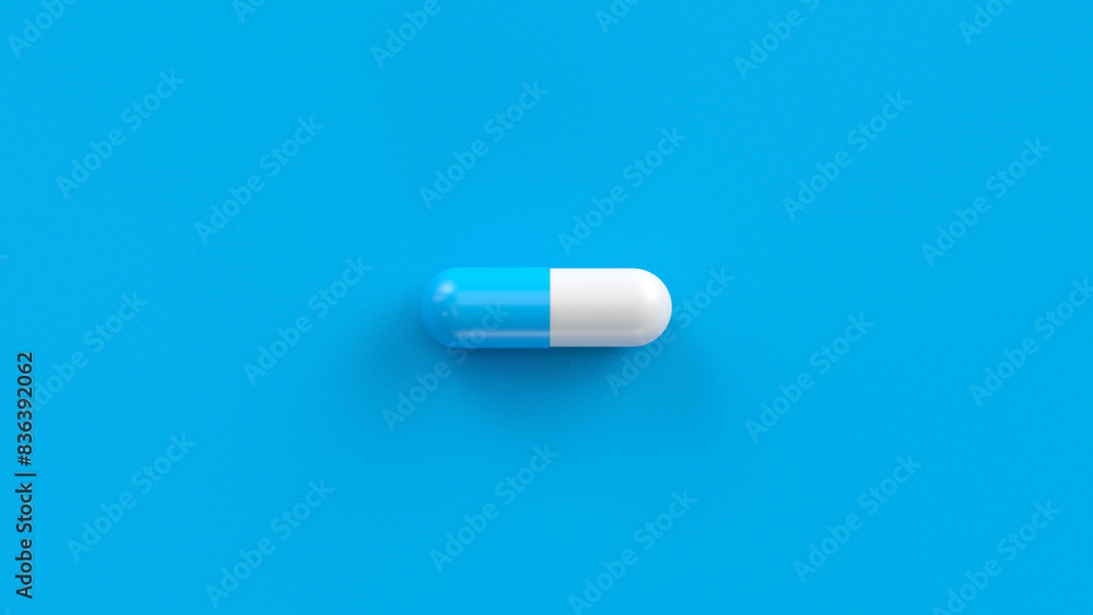White blue single pill isolated on a blue background. Tablet, pill capsule top view, flat lay. 3d render illustration White blue single pill isolated on a blue background. Tablet, pill capsule top view, flat lay. 3d render illustration