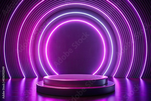 Purple neon circular stage with arching lights.
