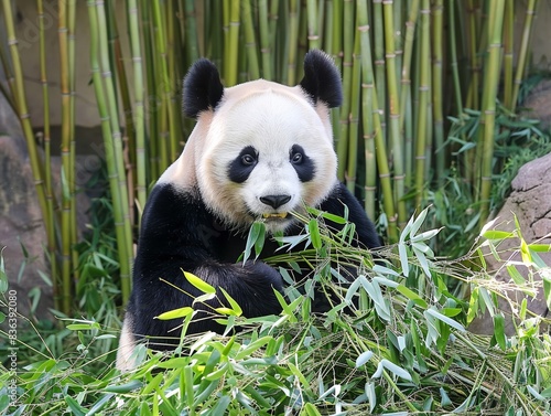 A giant panda munching on bamboo, surrounded by lush green bamboo forest