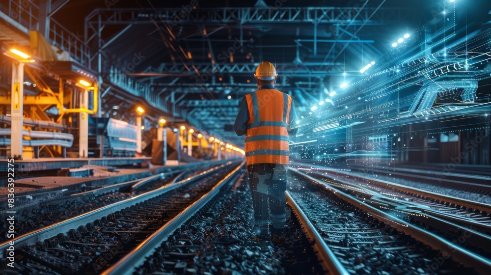 Futuristic image depicting a worker with a digital ghost effect at a railway station at night Futuristic image depicting a worker with a digital ghost effect at a railway station at night