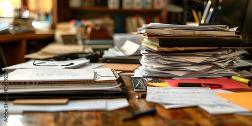 Busy desk with papers and gadgets highlighting challenges of staying organized. Concept Organizational challenges, Busy desk, Paper overload, Gadgets everywhere, Office chaos