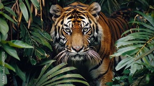 A powerful tiger prowling through the dense foliage  its eyes focused and intense