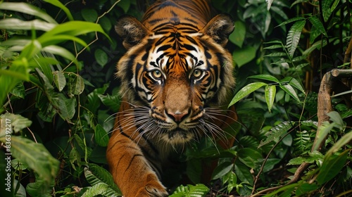 A powerful tiger prowling through the dense foliage  its eyes focused and intense