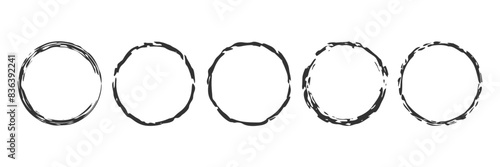 Outline brush circle set. Ink pencil chalk texture round frame. Grunge Design Element. Textured highlight black and white illustration