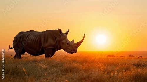 A rhinoceros standing proudly in the grasslands  the sun setting behind it