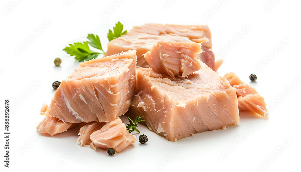 Collage with pieces of canned tuna on white background Collage with pieces of canned tuna on white background