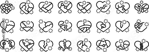 Cracked heart icons outline set vector. A series of hearts with some broken and some whole. The broken hearts are scattered throughout the image, with some in the middle and others on the edges