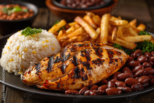 Chicken breast, rice, beans and french fries. Typical brazilian executive dish. photo