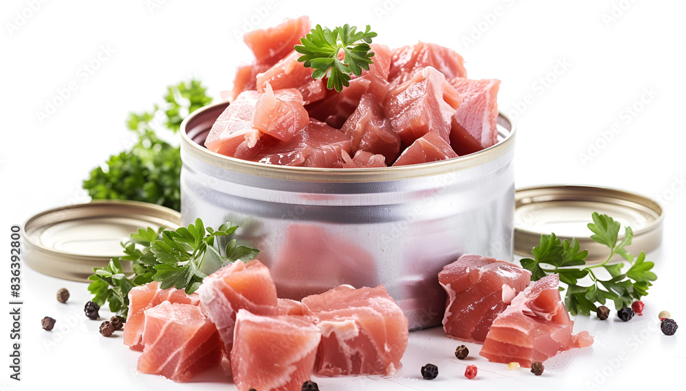 Collage with pieces of canned tuna on white background Collage with pieces of canned tuna on white background