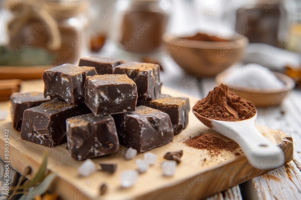 Rich and decadent homemade chocolate fudge with nuts on a wooden board Rich and decadent homemade chocolate fudge with nuts on a wooden board