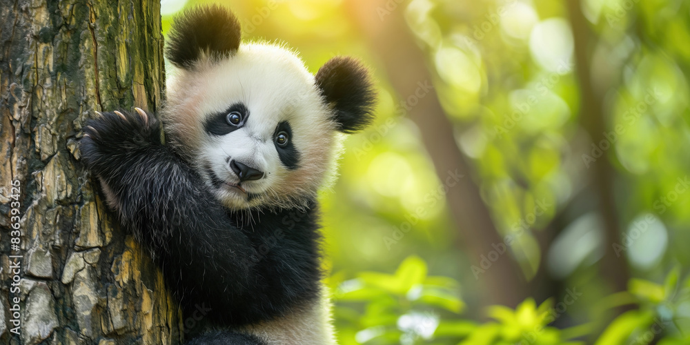 Obraz premium A baby panda is hugging a tree trunk. Concept of innocence and curiosity