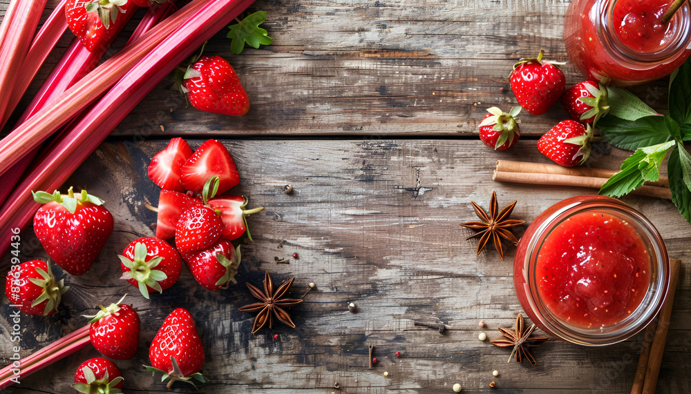 Homemade strawberry rhubarb jam or sauce, with fresh rhubarb and strawberries and spices Homemade strawberry rhubarb jam or sauce, with fresh rhubarb and strawberries and spices