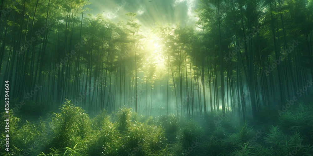 Obraz premium Misty Sunrise in Bamboo Forest, generative ai