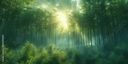 Misty Sunrise in Bamboo Forest  generative ai