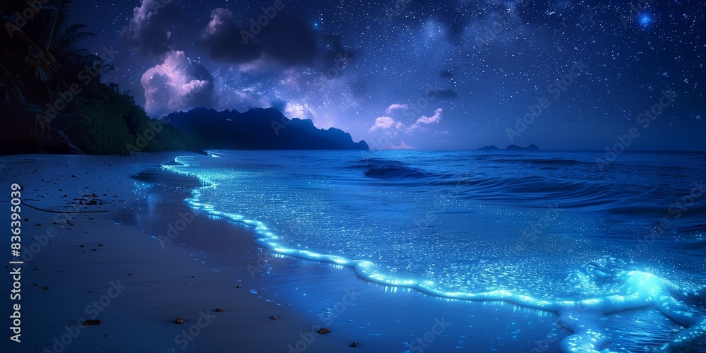 Enchanting Glow of the Bioluminescent Shoreline, generative ai Enchanting Glow of the Bioluminescent Shoreline, generative ai