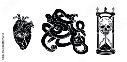 Set of mystical illustrations. Skull and time. Eye in the heart. Tangled snakes. Flat design. Vector graphics. Gothic theme. Mystical logo. Black silhouette. Gothic print