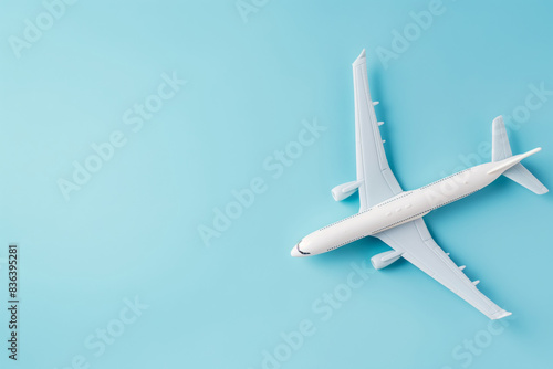 The white airplane is displayed against a serene blue sky, capturing a minimalist style. Copy Space
