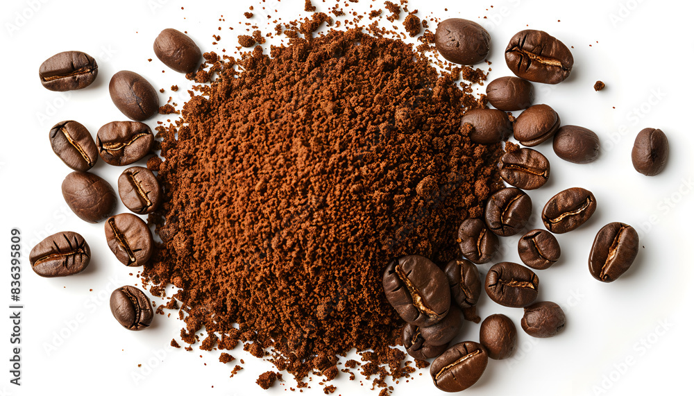 Heap of ground coffee and beans on white background, top view Heap of ground coffee and beans on white background, top view