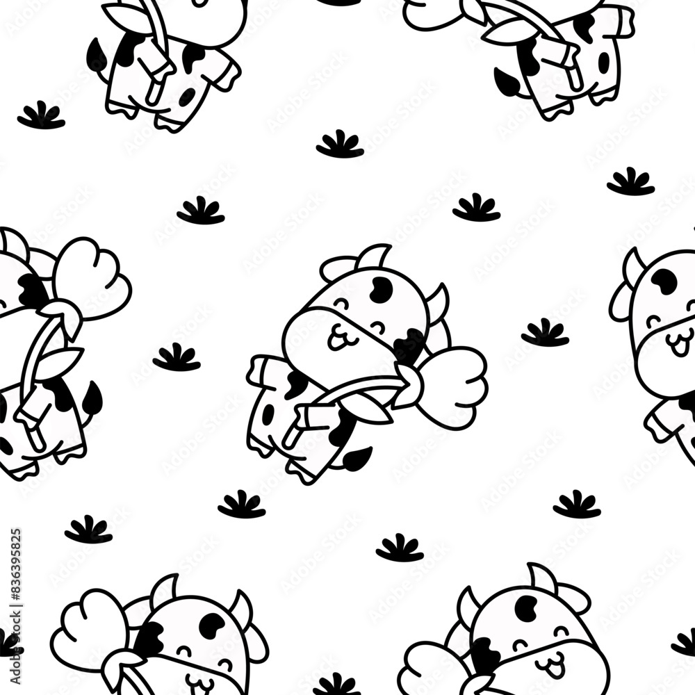 Obraz premium Beautiful cow cartoon character. Seamless pattern. Coloring Page. Cute kawaii farm animal. Hand drawn style. Vector drawing. Design ornaments.