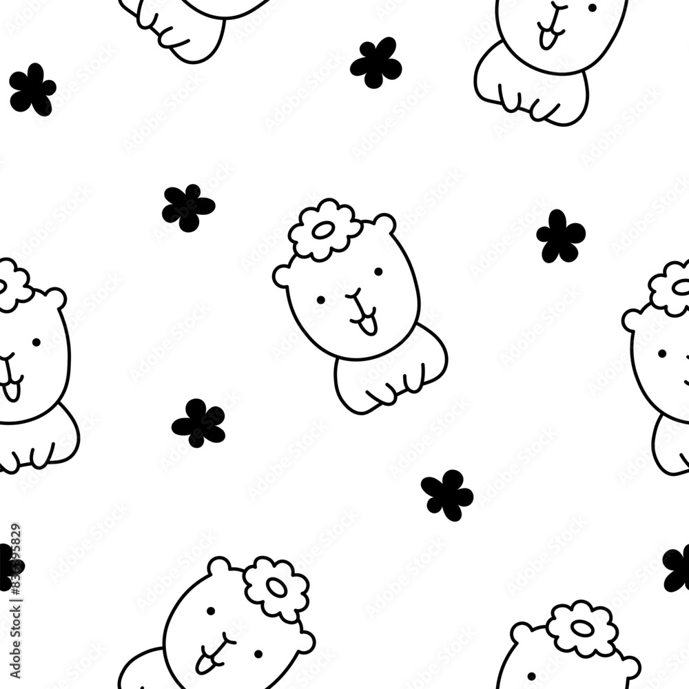 Fototapeta premium Cute cartoon kawaii capybara. Seamless pattern. Coloring Page. Animal funny characters. Hand drawn style. Vector drawing. Design ornaments.