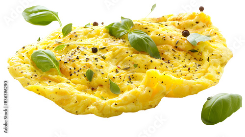 Tasty yellow Omelet or scrambled egg with pepper and herbs isolated on transparent png background, Healthy omelet, breakfast time. photo