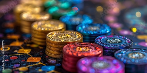 Detailed Artwork on Game Board Tokens in Bright Light, generative ai © Matus