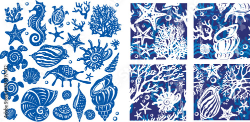 Set of decorative shells, Seahorse, Turtles, Sea stars, Corals