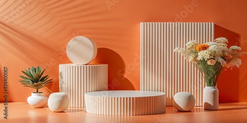 Wallpaper Mural Generative ai. A minimalist arrangement featuring white ribbed cylindrical and rectangular display stands on an orange background. Accompanying them are small white ceramic vases, a potted succulent Torontodigital.ca