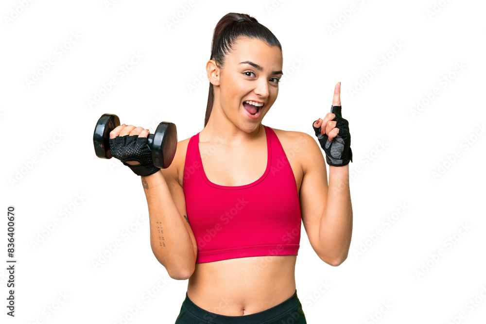 Young sport woman making weightlifting pointing up a great idea