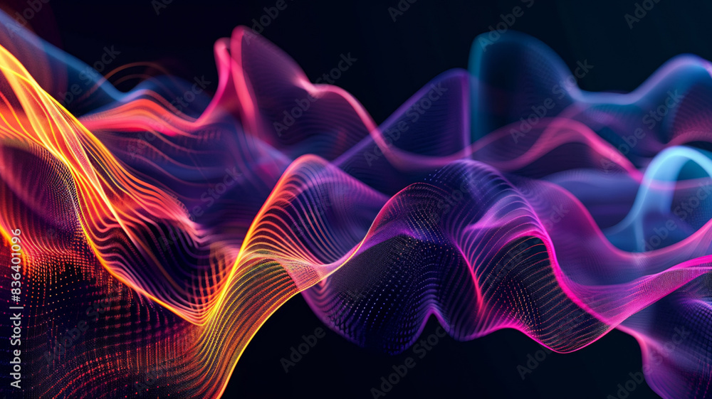 High-Contrast Neon Light Waves and Abstract Audio Frequency Designs on a Black Background High-Contrast Neon Light Waves and Abstract Audio Frequency Designs on a Black Background