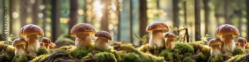 Obraz na płótnie A row of mushrooms are growing on a mossy log w salonie