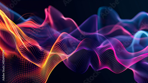 High-Contrast Neon Light Waves and Abstract Audio Frequency Designs on a Black Background 