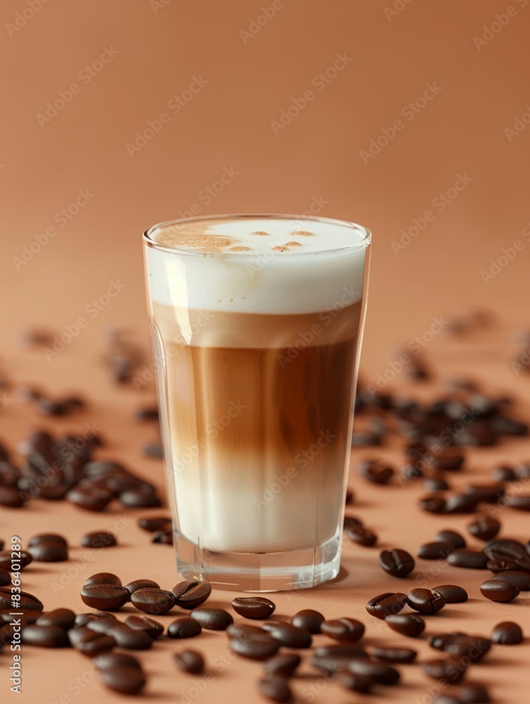cappuccino in a glas surrounded by coffee aesthetics hyper realistic photography front dark peach background cappuccino in a glas surrounded by coffee aesthetics hyper realistic photography front dark peach background