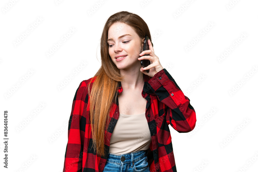 Young pretty woman over isolated chroma key background keeping a conversation with the mobile phone with someone Young pretty woman over isolated chroma key background keeping a conversation with the mobile phone with someone