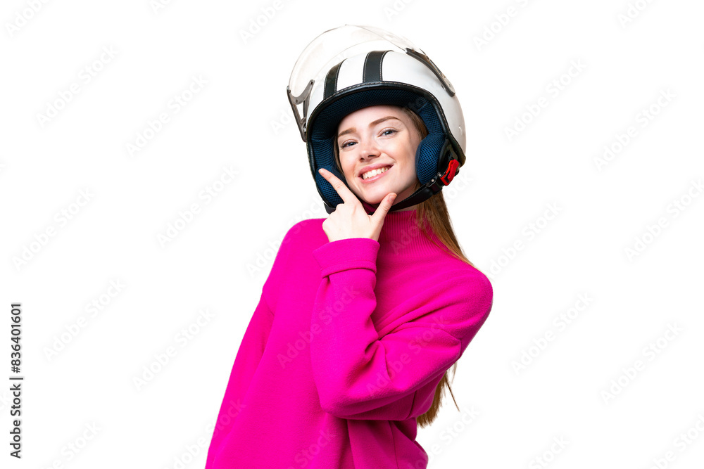 Young pretty woman with a motorcycle helmet over isolated chroma key background happy and smiling Young pretty woman with a motorcycle helmet over isolated chroma key background happy and smiling