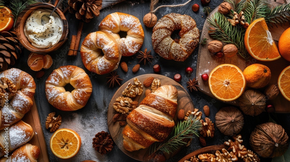 Festive Bagels Croissants Tangerines and Pastries with Walnuts and Hazelnuts in a Holiday themed Setting Festive Bagels Croissants Tangerines and Pastries with Walnuts and Hazelnuts in a Holiday themed Setting