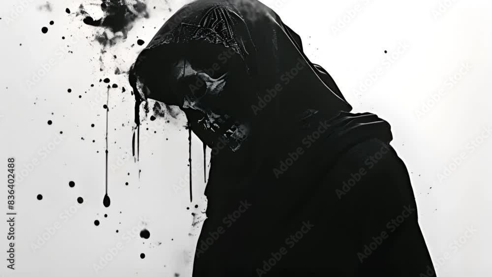 The image of death in black clothes, a black hood. Grim reaper in the fog. Depression, despondency, fear, fright, mysticism. 3D illustration, 3D rendering isolated on white background Halloween theme 