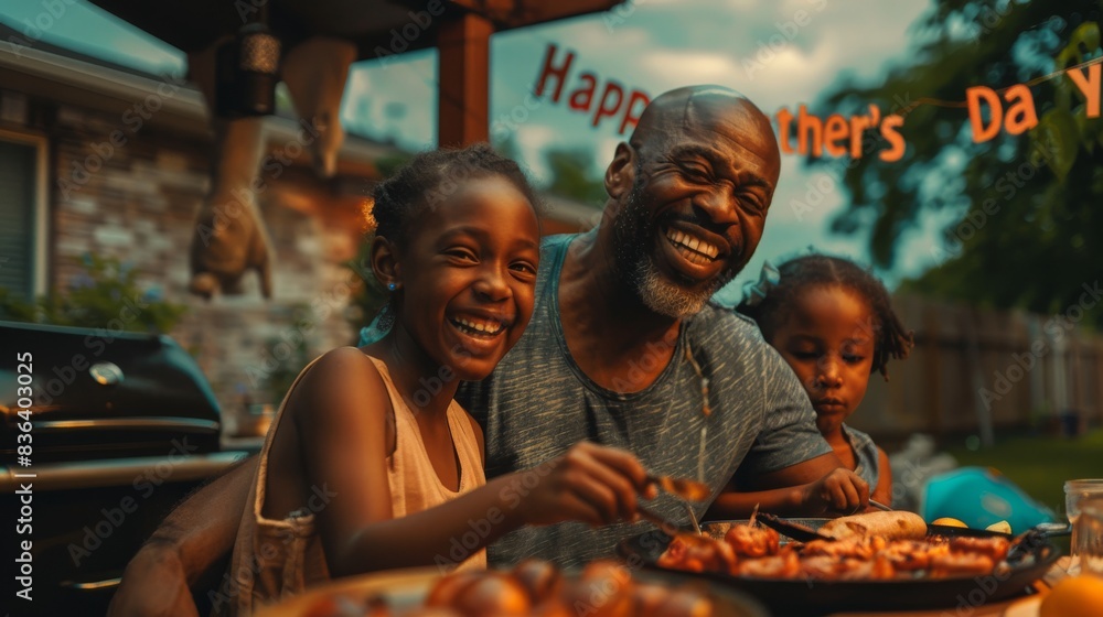 A Man and Two Children Are Having a Happy Father's Day Meal at the Table - Generative AI A Man and Two Children Are Having a Happy Father's Day Meal at the Table - Generative AI