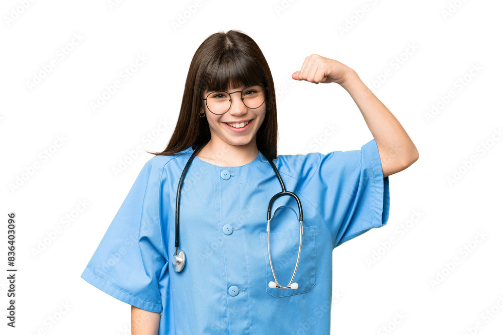 Little girl as a surgeon doctor over isolated chroma key background doing strong gesture Little girl as a surgeon doctor over isolated chroma key background doing strong gesture